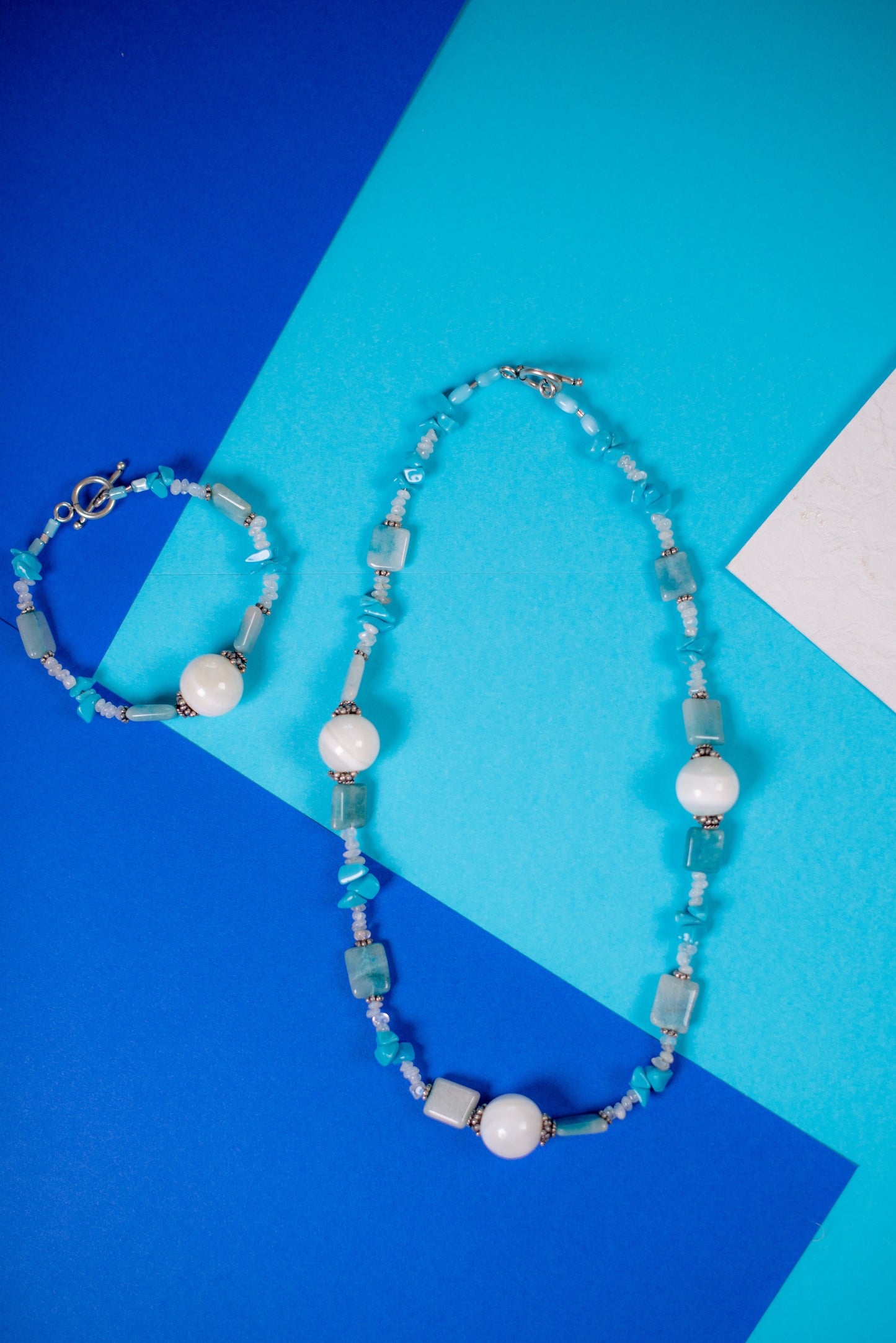 Blue & White Mixed Bead Necklace/Bracelet Set