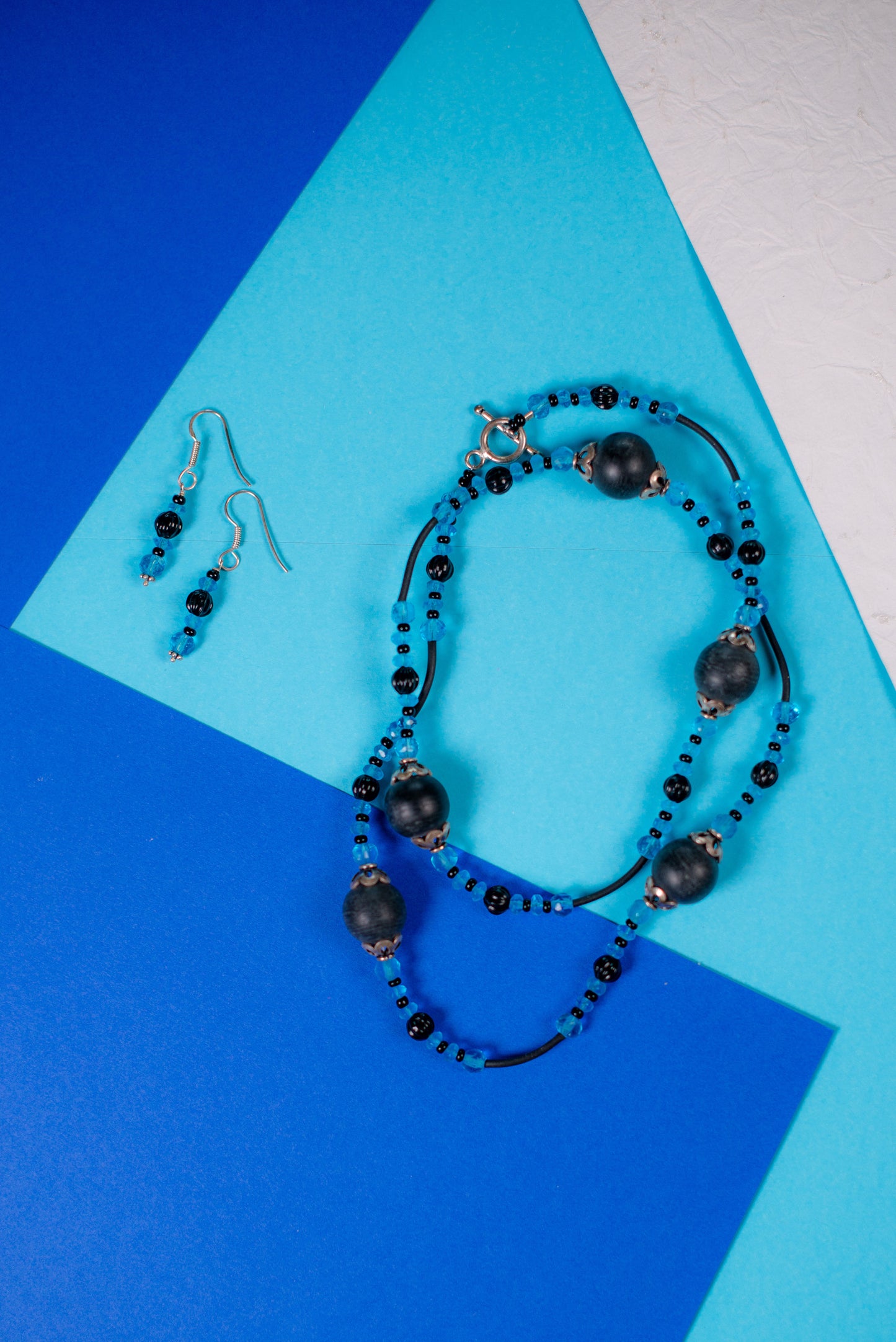 Black & Blue Mixed Bead Necklace/Earrings Set