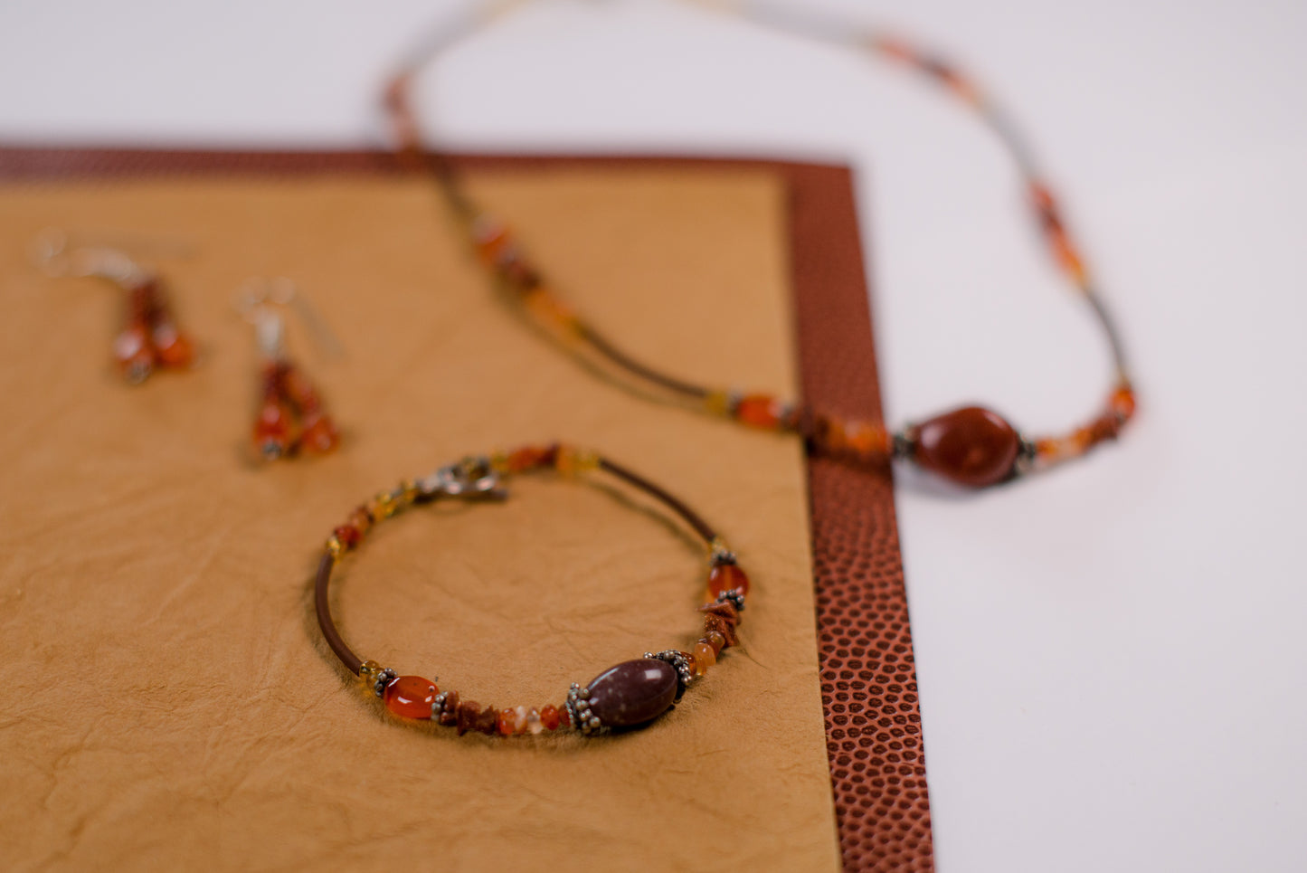 Orange & Brown Leather/Beaded Necklace/Bracelet/Earrings Set