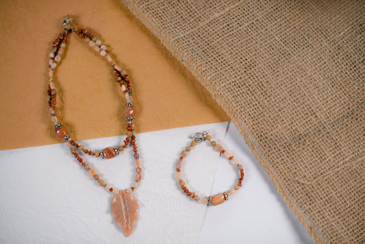Brown & Tan Leaf Pendent Necklace/Bracelet Set