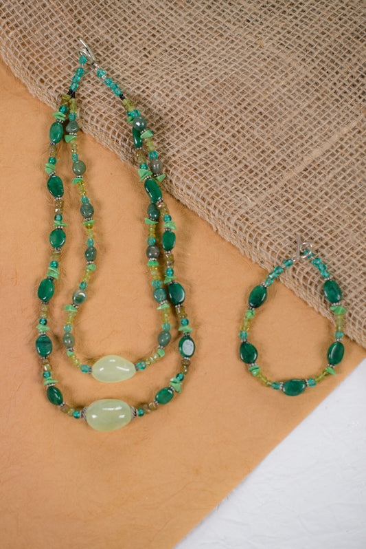 Green & Blue Double Stranded Necklace/Bracelet Set