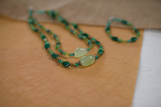 Green & Blue Double Stranded Necklace/Bracelet Set