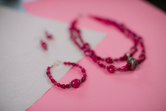 Dark Pink Double Stranded Necklace/Bracelet/Earring Set