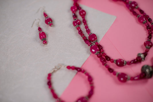 Dark Pink Double Stranded Necklace/Bracelet/Earring Set