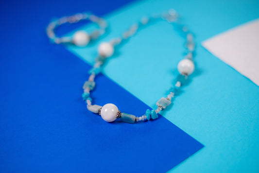 Blue & White Mixed Bead Necklace/Bracelet Set