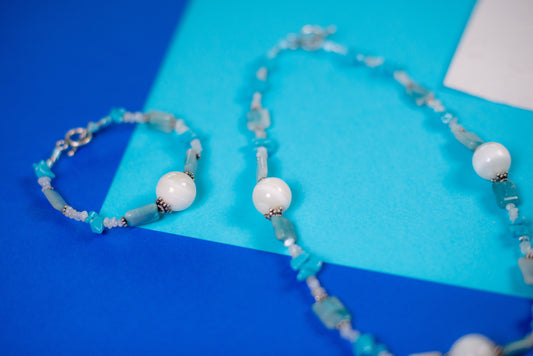 Blue & White Mixed Bead Necklace/Bracelet Set