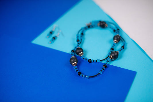 Black & Blue Mixed Bead Necklace/Earrings Set