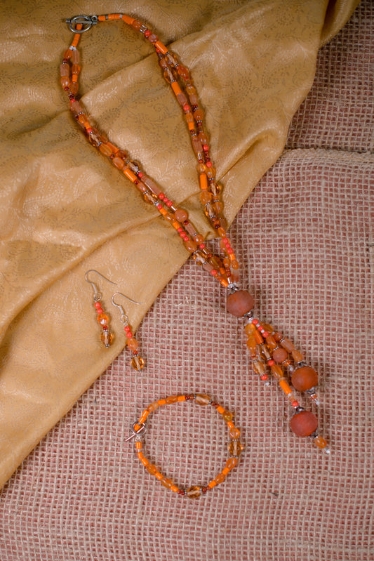 Orange Double Stranded Drop Necklace/Bracelet/Earrings Set