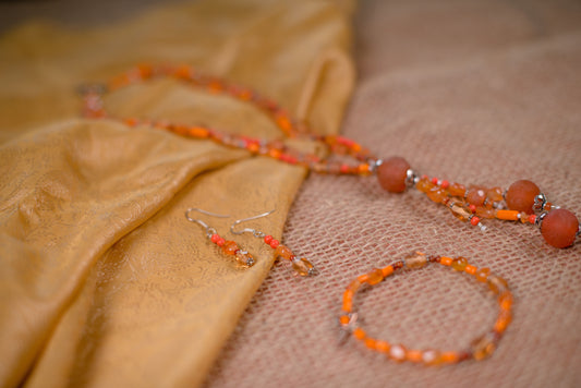 Orange Double Stranded Drop Necklace/Bracelet/Earrings Set