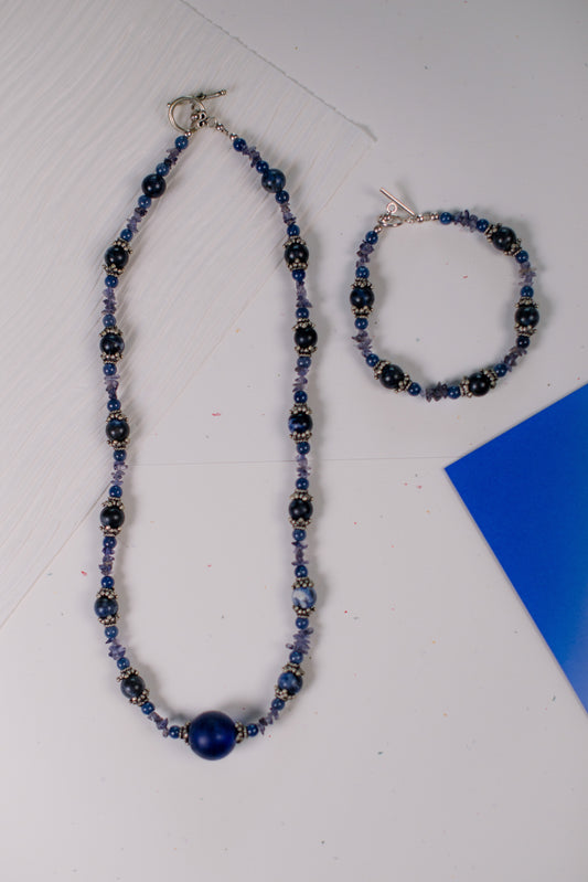 Blue Mixed Bead Necklace/Bracelet Set