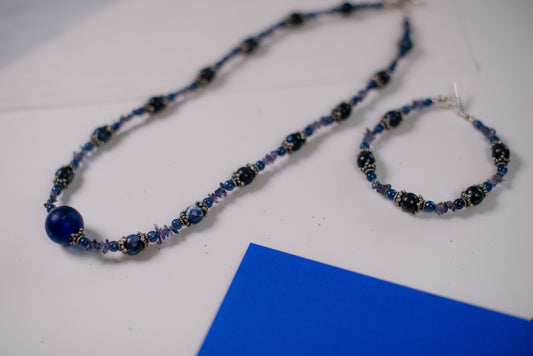 Blue Mixed Bead Necklace/Bracelet Set