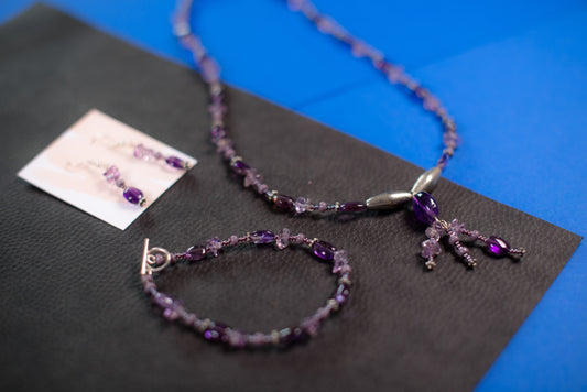 Purple and Silver Necklace/Bracelet/Earrings Set