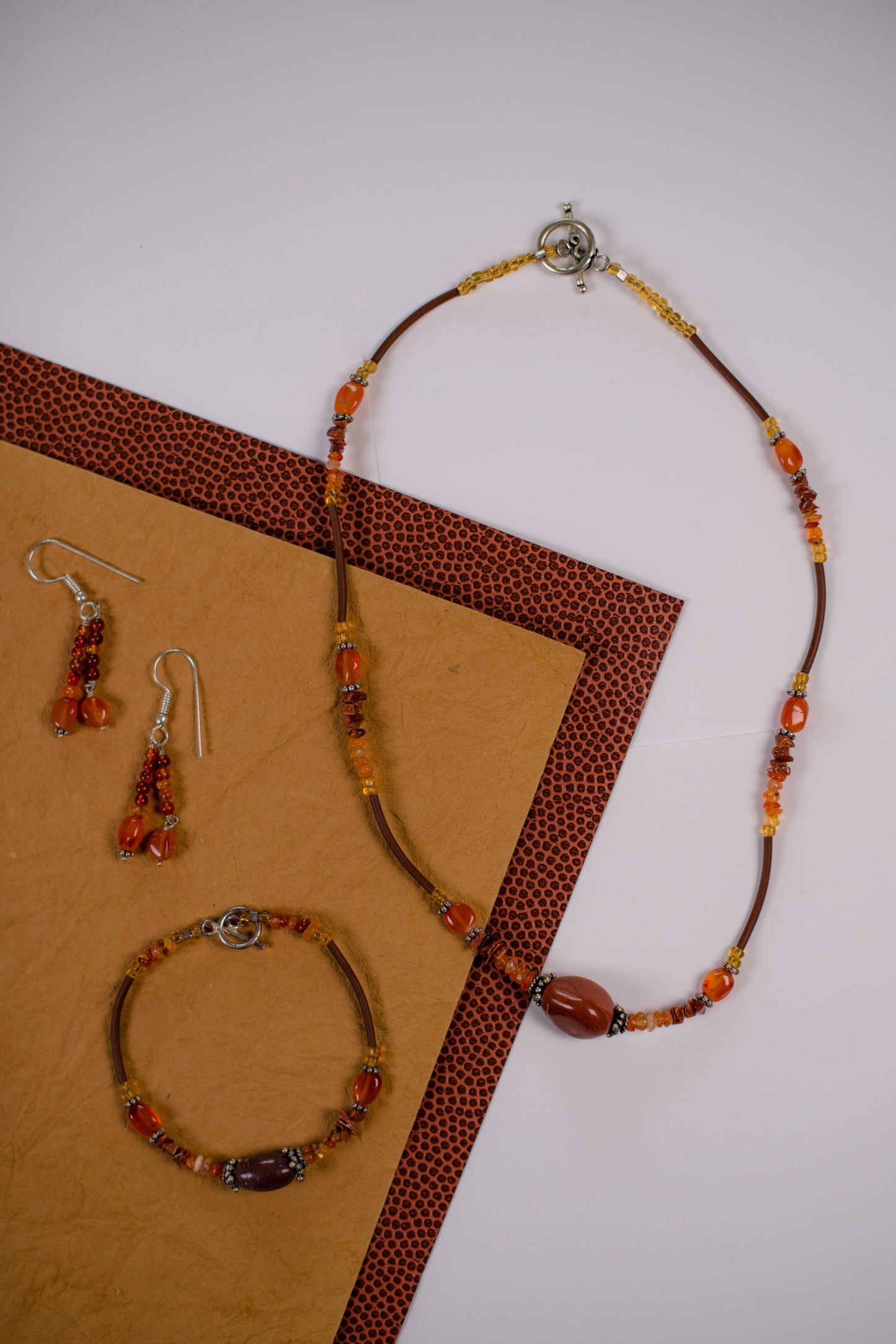 Orange & Brown Leather/Beaded Necklace/Bracelet/Earrings Set