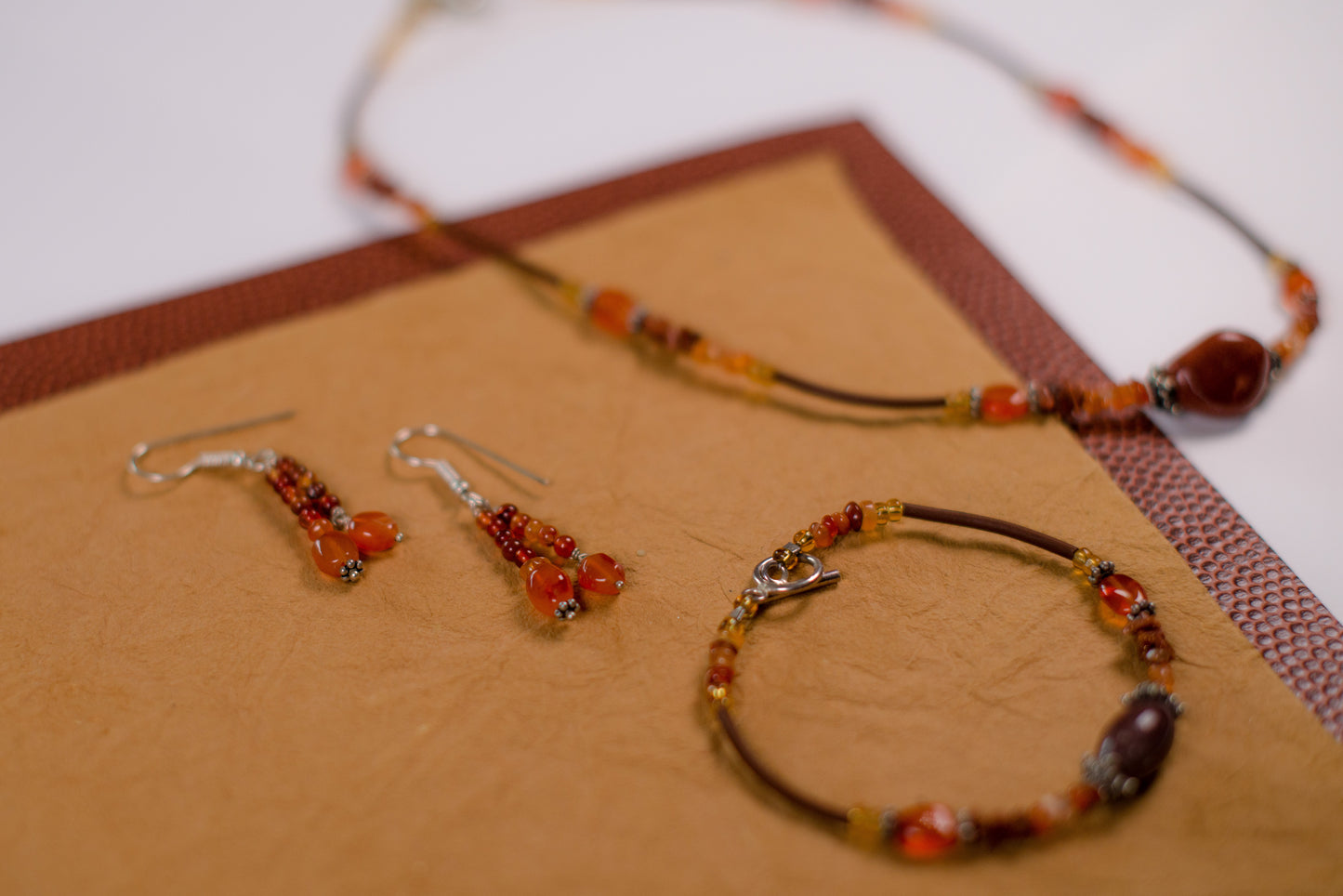 Orange & Brown Leather/Beaded Necklace/Bracelet/Earrings Set
