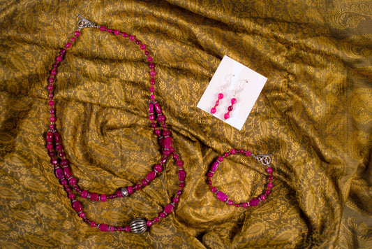 Magenta & Silver Necklace/Bracelet/Earrings Set