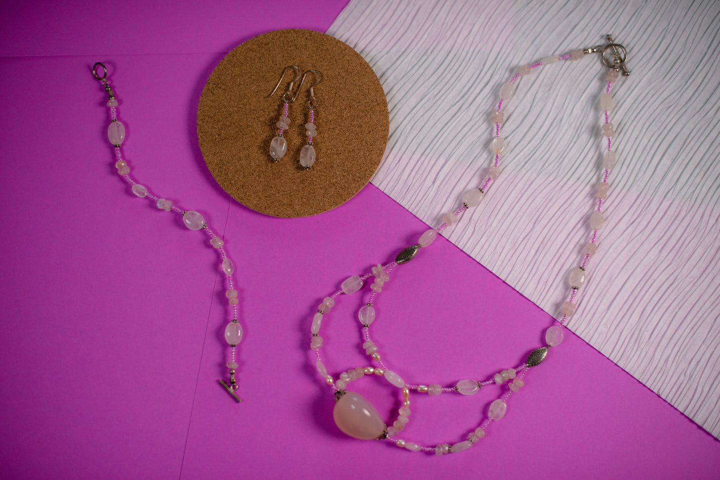 White & Pink Necklace/Bracelet/Earrings Set