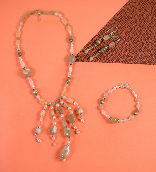 Sand & Pearl Drop Necklace/Bracelet/Earring set