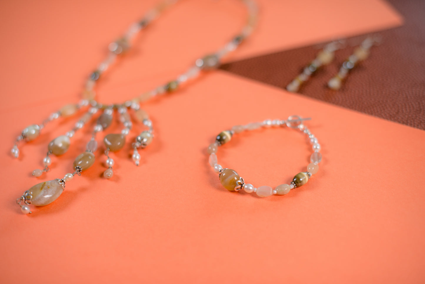 Sand & Pearl Drop Necklace/Bracelet/Earring set